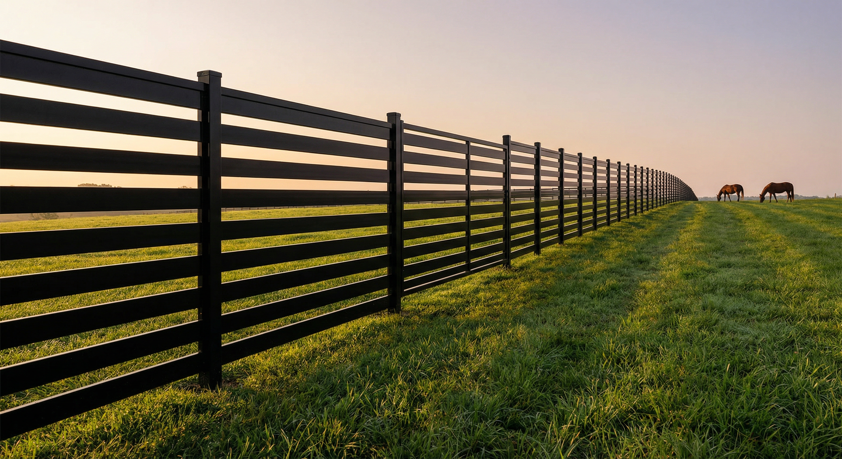 Dark horizontal slat aluminum fence in green pasture, golden hour