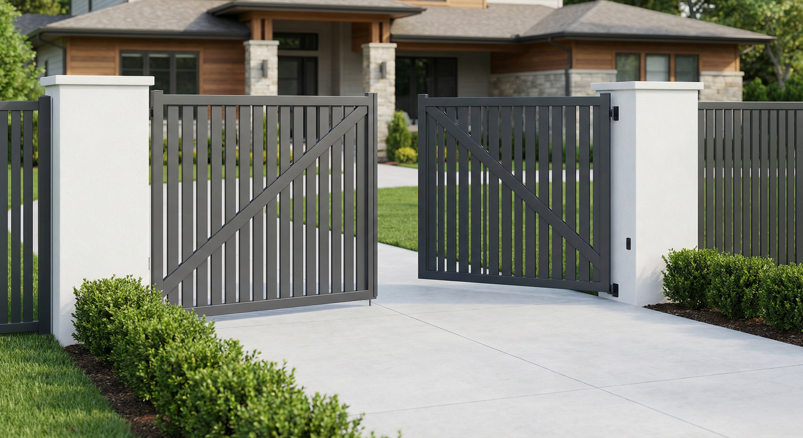 Modern aluminum double gate at residential entrance, paved driveway and lawn