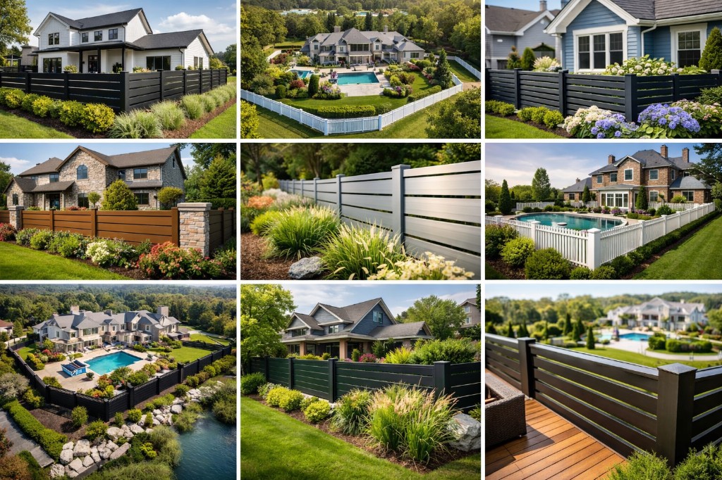 Matte black horizontal slat fence, modern farmhouse with garden bed